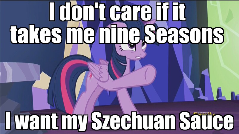 Size: 1920x1080 | Tagged: safe, derpibooru import, edit, edited screencap, screencap, twilight sparkle, twilight sparkle (alicorn), alicorn, pony, what about discord?, angry, caption, discovery family logo, image macro, mcdonald's, meme, pointing, rick and morty, solo, szechuan sauce, text