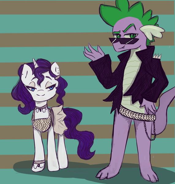 Size: 2000x2100 | Tagged: safe, artist:slytherinakatsuki, derpibooru import, rarity, spike, dragon, pony, 50's, 50's fashion, 50s, clothes, dress, female, greaser, jacket, leather jacket, male, shipping, sparity, straight, sunglasses