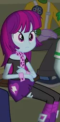 Size: 248x500 | Tagged: safe, derpibooru import, screencap, captain planet, microchips, mystery mint, all's fair in love and friendship games, equestria girls, friendship games, background human, boots, bracelet, clothes, high heel boots, jewelry, pants, pantyhose, ripped pantyhose, scarf, shoes, skirt, sneakers