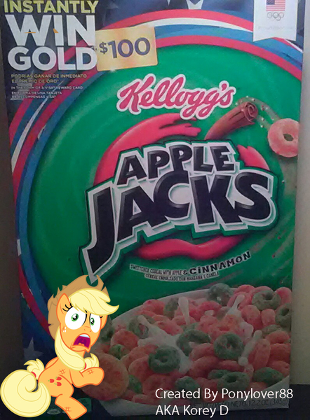 Size: 795x1080 | Tagged: safe, artist:ponylover88, artist:tardifice, derpibooru import, applejack, pony, apple jacks, art theft, cereal, food, kellogg's, milk, namesake, photoshop, pun, solo, spanish