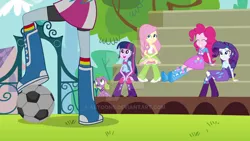 Size: 1024x576 | Tagged: safe, derpibooru import, screencap, fluttershy, pinkie pie, rainbow dash, rarity, spike, twilight sparkle, dog, equestria girls, equestria girls (movie), backpack, balloon, bleachers, boots, bowtie, bracelet, clothes, compression shorts, eyes closed, fence, football, high heel boots, jewelry, leg warmers, mountain, raised leg, rear view, shoes, shorts, skirt, smiling, socks, spike the dog, sports, tree, watermark