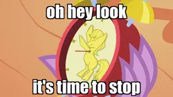 Size: 1054x592 | Tagged: alarm clock, caption, clock, derpibooru import, dragon, edit, edited screencap, image macro, it's time to stop, meme, owl's well that ends well, reaction image, safe, screencap, solo, spike, text