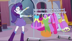 Size: 1920x1080 | Tagged: safe, derpibooru import, screencap, rarity, equestria girls, equestria girls (movie), boots, bracelet, carousel boutique, clothes, dress, fall formal outfits, high heel boots, jewelry, shoes, skirt, solo, stairs, that pony sure does love dresses, this is our big night