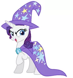 Size: 653x701 | Tagged: accessory swap, artist:diana173076, cape, clothes, derpibooru import, hat, raised hoof, rarity, safe, simple background, solo, the great and powerful, trixie's cape, trixie's hat, white background