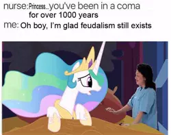 Size: 680x536 | Tagged: safe, derpibooru import, princess celestia, alicorn, human, pony, coma, me irl, meme, open mouth, sir you've been in a coma, text