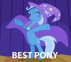 Size: 564x487 | Tagged: safe, derpibooru import, screencap, trixie, pony, unicorn, boast busters, best pony, cape, caption, clothes, hat, image macro, meme, opinion, smiling, solo, standing, text, trixie's cape, trixie's hat