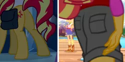 Size: 1164x576 | Tagged: safe, derpibooru import, edit, edited screencap, screencap, applejack, sunset shimmer, equestria girls, equestria girls (movie), legend of everfree, ass, bag, boots, bunset shimmer, butt, camp everfree outfits, clothes, cowboy boots, embrace the magic, lake, mountain, plot, shoes, shorts, sparkles, tree