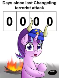 Size: 1500x2000 | Tagged: 8^y, artist:10art1, clapping, days since last changeling terrorist attack, derpibooru import, fire, helmet, horned helmet, politics, semi-grimdark, solo, starlight glimmer, starlight says bravo, sweden, swedish, terrorism, tire, too soon, viking helmet, we are going to hell