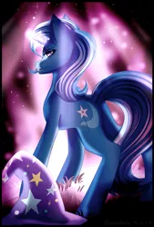 Size: 2292x3387 | Tagged: safe, artist:kurochhi, derpibooru import, trixie, pony, unicorn, clothes, female, glowing horn, hat, horn, looking at you, looking back, magic, mare, rear view, smiling, trixie's hat