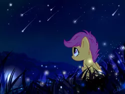 Size: 3700x2800 | Tagged: safe, artist:rutkotka, derpibooru import, scootaloo, firefly (insect), insect, pegasus, pony, cute, cutealoo, female, filly, grass, image, looking up, night, png, scenery, scenery porn, shooting star, smiling, solo, starry night, stars