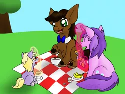 Size: 1024x768 | Tagged: safe, artist:usagi-zakura, derpibooru import, amethyst star, dinky hooves, ponified, pony, banana, custard, equestria's best father, father and child, father and daughter, female, food, male, peanut butter, picnic, stallion, that pony sure loves peanut butter