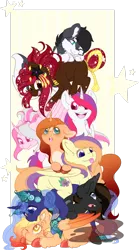 Size: 1024x1844 | Tagged: safe, artist:mondlichtkatze, derpibooru import, oc, oc:ezriel, oc:flame thunder, oc:golden spirit, oc:guardian, oc:gäa, oc:ivy, oc:lisa, oc:sugar star, oc:yukio, unofficial characters only, pony pile, tongue out