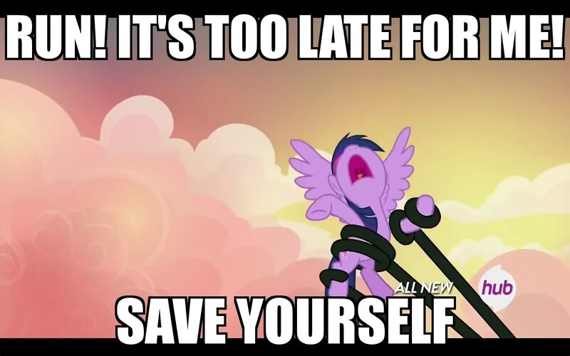 Size: 1280x800 | Tagged: safe, derpibooru import, edit, edited screencap, screencap, twilight sparkle, twilight sparkle (alicorn), alicorn, pony, three's a crowd, all new, caption, halp, image macro, meme, monster, screaming, tentacles, text, you know for kids