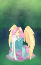 Size: 845x1338 | Tagged: angel bunny, anthro, artist:rainbowhitter, clothes, derpibooru import, eyes closed, fluttershy, japan, japanese culture, kimono (clothing), kneeling, safe, smiling