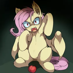 Size: 900x900 | Tagged: safe, artist:pekou, derpibooru import, fluttershy, bat pony, pony, bats!, aggressive, angry, apple, armpits, bat ponified, belly button, flutterbat, food, looking at you, race swap, sitting, solo