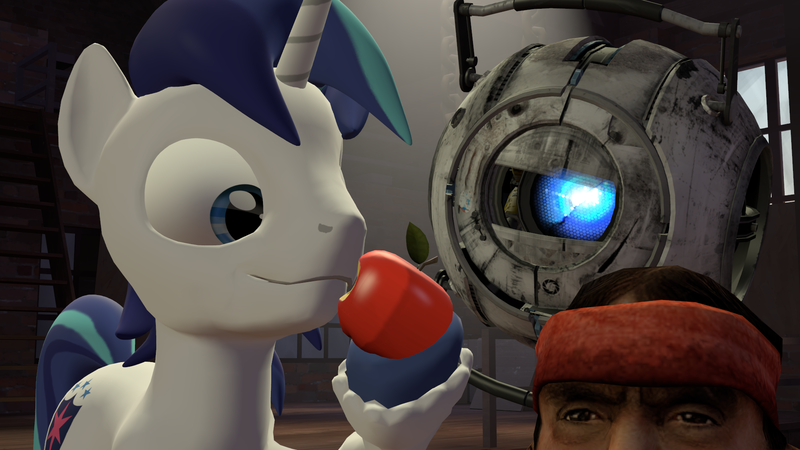 Size: 1920x1080 | Tagged: artist needed, safe, derpibooru import, shining armor, pony, unicorn, 3d, apple, cute, food, personality core, portal (valve), shining adorable, source filmmaker, wheatley