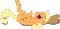Size: 7718x3705 | Tagged: safe, artist:cr-animation, artist:mickeymonster, derpibooru import, applejack, earth pony, pony, absurd resolution, applejack's hat, cowboy hat, cute, female, hat, jackabetes, laughing, legs in air, mare, nose in the air, on back, open mouth, simple background, solo, transparent background, vector