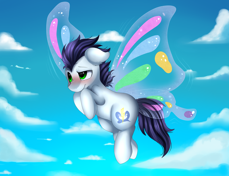 Size: 2927x2245 | Tagged: safe, artist:pridark, derpibooru import, soarin', earth pony, pegasus, pony, blushing, butterfly wings, cloud, commission, cute, flying, male, race swap, sky, solo, stallion, wings