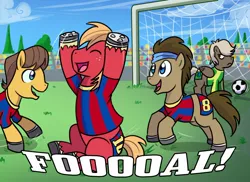 Size: 1000x729 | Tagged: safe, artist:madmax, derpibooru import, big macintosh, caramel, doctor whooves, dumbbell, time turner, earth pony, pony, andrés iniesta, fc barcelona, football, lionel messi, male, sports, stallion, xavi