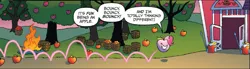 Size: 1141x317 | Tagged: safe, derpibooru import, idw, pinkie pie, night of the living apples, spoiler:comic, spoiler:comic32, apple, apple (company), apple pinkie, apple tree, bouncing, bucket, female, food, happy, helmet, living apple, official comic, reference, spear, species swap, speech bubble, tree, weapon