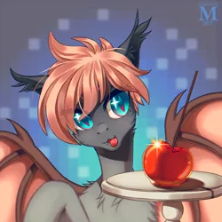 Size: 1000x1000 | Tagged: safe, artist:margony, derpibooru import, oc, oc:caramel apple, unofficial characters only, bat pony, pony, apple, art trade, candy apple (food), colored pupils, ear fluff, fangs, female, food, mare, slit eyes, smiling, solo, spread wings, wings