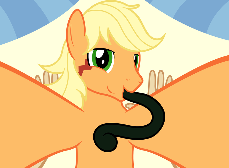 Size: 3300x2417 | Tagged: suggestive, artist:badumsquish, derpibooru import, applejack, human, monster pony, original species, pony, tatzlpony, applejack (male), bed, bedroom eyes, duo, hand, human on pony action, imminent sex, interspecies, looking down, male, offscreen character, pov, rule 63, species swap, tatzljack, tatzljack (male), tentacle tongue, tentacles