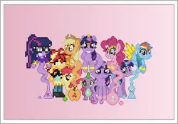 Size: 504x350 | Tagged: safe, artist:verve, derpibooru import, apple bloom, applejack, pinkie pie, rainbow dash, sci-twi, spike, sunset shimmer, twilight sparkle, twilight sparkle (alicorn), alicorn, genie, pony, ain't never had friends like us, ask genie twilight, equestria girls, armband, bottle, erlenmeyer flask, gem, gradient background, headband, human ponidox, jewelry, looking at you, multeity, pixel art, scar, self ponidox, smiling, sparkle sparkle sparkle, twolight, wing jewelry