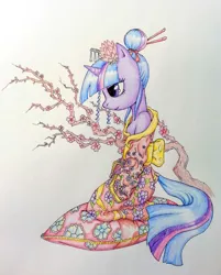 Size: 2180x2718 | Tagged: artist:theonlycountfilth, clothes, derpibooru import, geisha, hair bun, high res, kimono (clothing), kneeling, off shoulder, profile, safe, semi-anthro, sitting, solo, traditional art, tree, tree branch, twilight sparkle