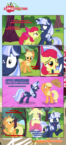 Size: 1919x4225 | Tagged: safe, artist:estories, derpibooru import, apple bloom, applejack, oc, oc:silverlay, pony, unicorn, comic:a(pple)ffection, absurd resolution, aura, comic, female, magic, mare, pigtails, sweat, upside down, yelling