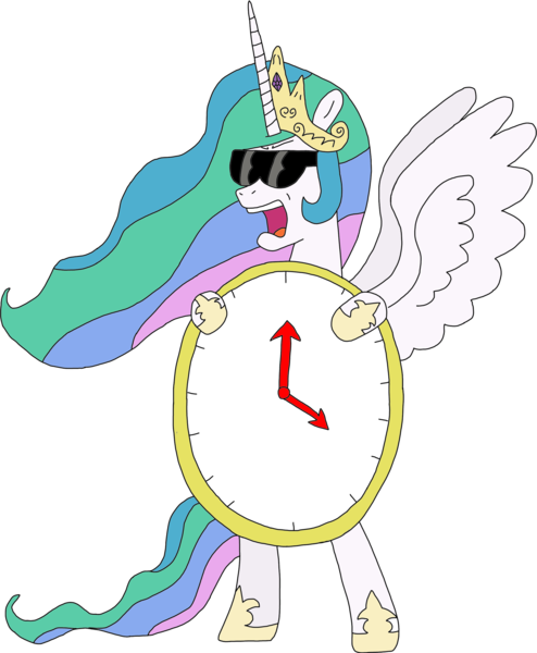 Size: 2147x2608 | Tagged: safe, alternate version, artist:supahdonarudo, derpibooru import, princess celestia, alicorn, pony, angry, bipedal, clock, female, filthy frank, holding, it's time to stop, mare, open mouth, simple background, solo, spread wings, standing, sunglasses, transparent background, wings