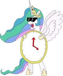 Size: 2147x2608 | Tagged: safe, alternate version, artist:supahdonarudo, derpibooru import, princess celestia, alicorn, pony, angry, bipedal, clock, female, filthy frank, holding, it's time to stop, mare, open mouth, simple background, solo, spread wings, standing, sunglasses, transparent background, wings