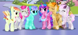 Size: 5266x2382 | Tagged: safe, artist:asika-aida, derpibooru import, oc, oc:beryl (discoshy), oc:chaos control, oc:melody aurora, oc:pepper flake, oc:platinum royale, oc:sunlight dancer, unofficial characters only, alicorn, crystal pony, earth pony, hybrid, pegasus, pony, unicorn, absurd resolution, alicorn oc, chaody, crystallized, female, horn, interspecies offspring, male, offspring, parent:cheese sandwich, parent:discord, parent:flash sentry, parent:fluttershy, parent:pinkie pie, parent:rainbow dash, parent:rarity, parent:soarin', parent:twilight sparkle, parents:canon x oc, parents:cheesepie, parents:discoshy, parents:flashlight, parents:soarindash, twins, wings