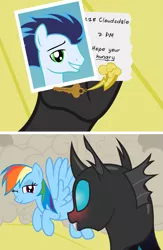 Size: 1821x2798 | Tagged: safe, artist:badumsquish, derpibooru import, rainbow dash, soarin', changeling, pony, a canterlot wedding, blushing, comic, date, duo, dust cloud, female, fight, flirting, flying, fraternization, grammar error, hoof hold, imminent sex, implied shipping, implied soarindash, implied straight, key, male, note, one eye closed, parody, photo, scene parody, straight, surprised, underhoof, wink