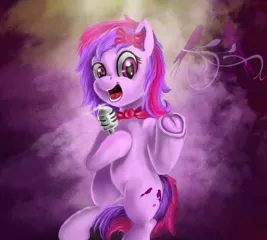 Size: 3000x2700 | Tagged: safe, artist:vittorionobile, derpibooru import, oc, oc:silent song, unofficial characters only, earth pony, pony, bowtie, commission, female, frog (hoof), looking at you, mare, singing, solo, underhoof