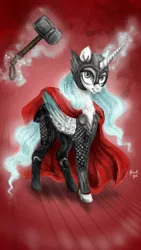 Size: 600x1067 | Tagged: safe, artist:black-opal1, derpibooru import, ponified, pony, armor, cape, clothes, hammer, magic, marvel comics, mjölnir, solo, telekinesis, thor, war hammer, weapon