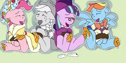 Size: 4000x2000 | Tagged: suggestive, artist:soranotamashii, derpibooru import, applejack, pinkie pie, rainbow dash, snowdash, snowfall frost, spirit of hearth's warming past, spirit of hearth's warming presents, starlight glimmer, earth pony, ghost, pegasus, pony, undead, unicorn, a hearth's warming tail, bondage, cute, eyes closed, feather, female, females only, femsub, fetish, floppy ears, green background, hat, hoof tickling, horn, horn ring, laughing, magic suppression, mare, open mouth, ring, rope, rope bondage, simple background, smiling, spats, spread wings, submissive, tickle fetish, tickle torture, tickling, top hat, underhoof, wings