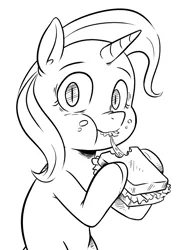 Size: 783x1000 | Tagged: safe, artist:raph13th, derpibooru import, trixie, pony, unicorn, comic:glim glam and pals, black and white, female, food, grayscale, krystal can't enjoy her sandwich, lineart, looking at you, mare, monochrome, sandwich, simple background, solo, white background