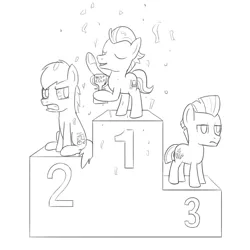 Size: 1000x1000 | Tagged: safe, artist:unsavorydom, derpibooru import, carrot crunch, tender taps, train tracks (character), pony, colt, confetti, lineart, male, monochrome, podium, trophy