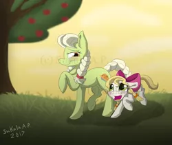 Size: 968x817 | Tagged: safe, artist:sukalaap, derpibooru import, granny smith, oc, oc:honeycrisp, earth pony, pony, applejack's mom, female, mare, offspring, parent:granny smith, watermark, young granny smith, younger