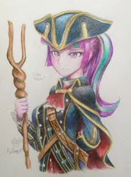 Size: 1690x2286 | Tagged: safe, artist:kvorias23, derpibooru import, starlight glimmer, equestria girls, assassin's creed, crossover, hat, haytham kenway, s5 starlight, signature, simple background, solo, staff, staff of sameness, traditional art, tricorne, watercolor painting