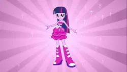 Size: 1366x768 | Tagged: safe, derpibooru import, screencap, twilight sparkle, equestria girls, equestria girls (movie), boots, fall formal outfits, high heel boots, looking at you, shoes, solo, sparkles, sunburst background, this is our big night, twilight ball dress