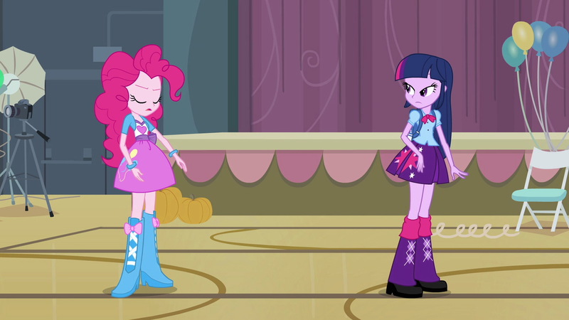 Size: 1539x866 | Tagged: safe, derpibooru import, screencap, pinkie pie, twilight sparkle, equestria girls, equestria girls (movie), backpack, balloon, boots, bowtie, bracelet, camera, chair, clothes, eyes closed, high heel boots, jewelry, leg warmers, pumpkin, shoes, skirt, streamers