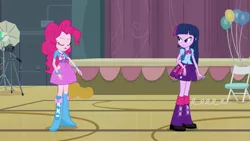 Size: 1539x866 | Tagged: safe, derpibooru import, screencap, pinkie pie, twilight sparkle, equestria girls, equestria girls (movie), backpack, balloon, boots, bowtie, bracelet, camera, chair, clothes, eyes closed, high heel boots, jewelry, leg warmers, pumpkin, shoes, skirt, streamers