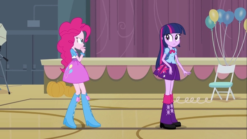 Size: 1100x618 | Tagged: safe, derpibooru import, screencap, pinkie pie, twilight sparkle, equestria girls, equestria girls (movie), backpack, balloon, boots, bowtie, bracelet, camera, chair, clothes, doors, high heel boots, jewelry, leg warmers, pumpkin, raised leg, shoes, skirt