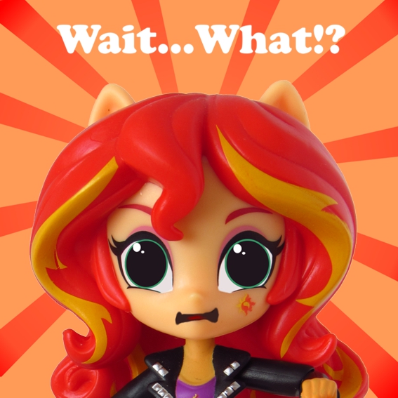 Size: 567x567 | Tagged: safe, artist:whatthehell!?, derpibooru import, edit, sunset shimmer, equestria girls, doll, equestria girls minis, eqventures of the minis, irl, parody, photo, shocked, sunburst background, toy