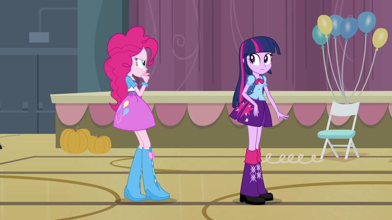 Size: 1920x1080 | Tagged: safe, derpibooru import, screencap, pinkie pie, twilight sparkle, equestria girls, equestria girls (movie), backpack, balloon, boots, bowtie, bracelet, chair, clothes, doors, high heel boots, jewelry, leg warmers, pumpkin, raised leg, shoes, skirt