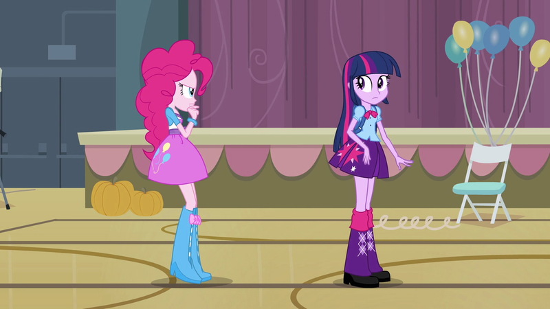 Size: 1539x866 | Tagged: safe, derpibooru import, screencap, pinkie pie, twilight sparkle, equestria girls, equestria girls (movie), backpack, balloon, boots, bowtie, bracelet, chair, clothes, doors, high heel boots, jewelry, leg warmers, pumpkin, shoes, skirt, streamers