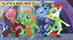 Size: 782x432 | Tagged: safe, derpibooru import, edit, oc, unofficial characters only, pony, unicorn, alien language, backup dancers, chains, clothes, collar, comic, cropped, greeata jendowanian, han solo, jabba's palace, lyn me, max rebo band, oola, quartet, rystáll sant, sex slave, singing, slave, star mares, star wars, tapir, topi, trio