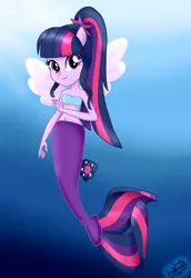 Size: 1000x1450 | Tagged: safe, artist:liniitadash23, derpibooru import, sci-twi, twilight sparkle, mermaid, seapony (g4), equestria girls, my little pony: the movie, bandeau, belly button, clothes, fin wings, fins, looking at you, mermaid sci-twi, mermaid tail, mermaidized, midriff, ponied up, pony ears, ponytail, seaponified, seapony sci-twi, seapony twilight, smiling, solo, species swap, underwater, wings