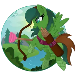 Size: 1969x1969 | Tagged: safe, artist:biskhuit, derpibooru import, oc, oc:windy barebow evergreen, unofficial characters only, pegasus, pony, bandage, bow (weapon), female, flying, hoof wraps, mare, plunger, river, solo